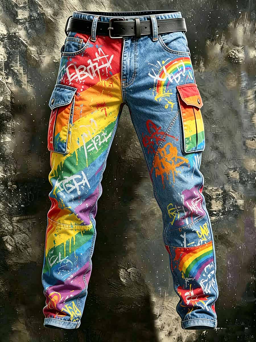 Men's Rainbow Pride Art Print Casual Cargo Pants
